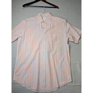 Brooks Brothers Polo Shirt Mens M Orange Blue Plaid Supima Cotton Non-Iron